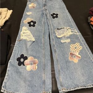 BDG Light Blue Floral Patchwork Wide Leg Jeans
